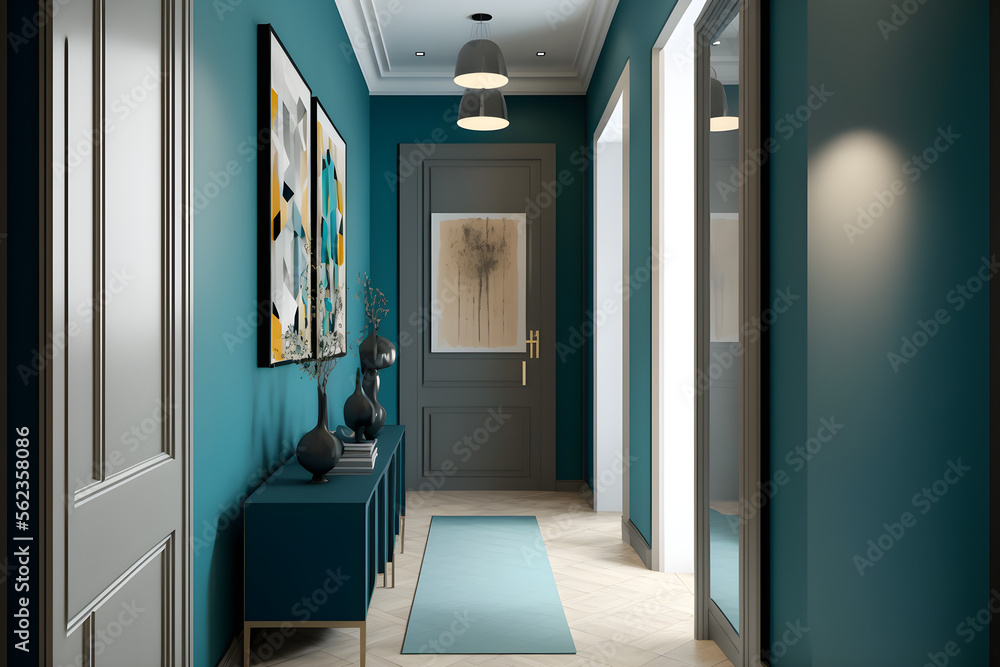 A modern Hallway, in a minimalist millenium crib, high ceiling and filled with warm blue and khaki colour as the wall blend in with the design of the furniture.