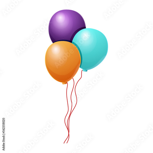 Colorful 3 balloons with bow set in cartoon style isolated on white background.