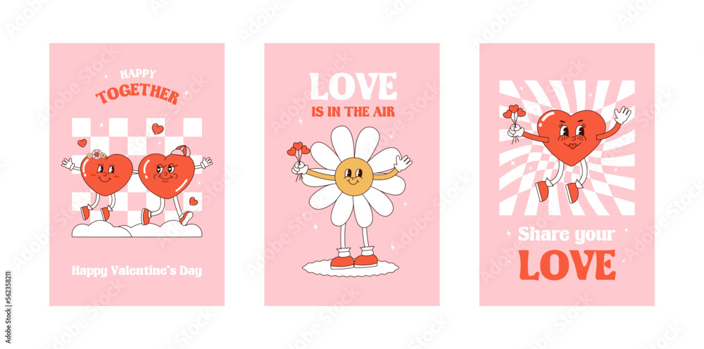 Retro groovy posters. Hippy Love concept. Happy Valentines day greeting card in trendy retro 60s 70s cartoon style. Vector illustration in pink RED colors. Card, postcard, print.