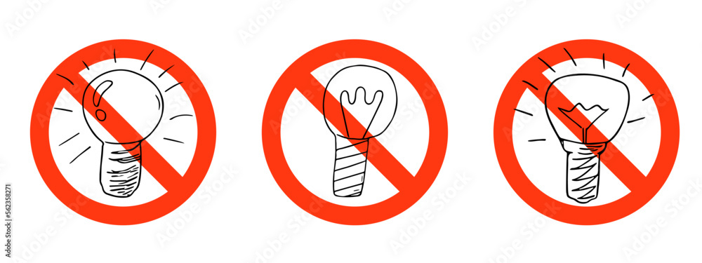 Lightbulbs in prohibition sign set, no electricity symbol. Power outage or blackout, forbidding symbol.Lamp doodle sketch style. Isolated. Vector illustration Lightbulbs in prohibition sign set, no electricity symbol. Power outage or blackout, forbidding symbol.Lamp doodle sketch style. Isolated. Vector illustration