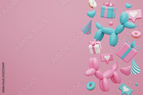 Festive background. Pastel pink and blue cake, balloons, gift boxes on light pink background. 3D rendering