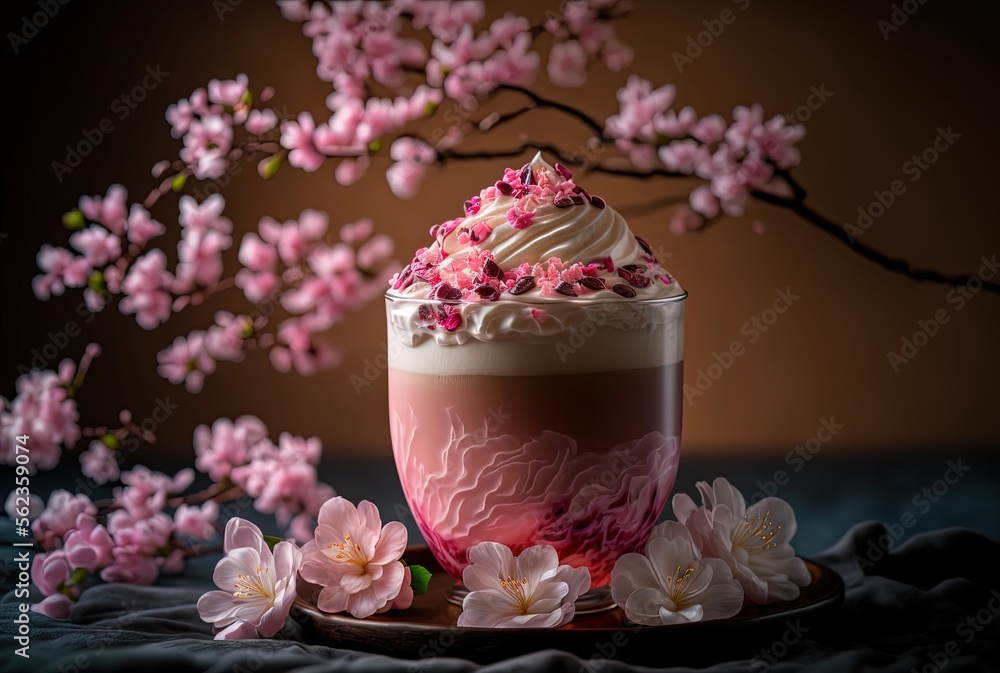 beautiful romance a cup of latte tea or chocolate serve with cherry blossom flower branch, spring season and national spring festival theme drink, idea for background or wallpaper Generative Ai beautiful romance a cup of latte tea or chocolate serve with cherry blossom flower branch, spring season and national spring festival theme drink, idea for background or wallpaper Generative Ai