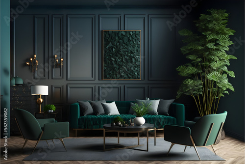 A modern living room  in a minimalist millenium crib  high ceiling and filled with midnight green and khaki colour as the wall blend in with the design of the furniture.  