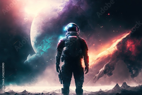 close up astronaut with universe gradient color sky as background idea for sci-fi theme background or wallpaper Generative Ai