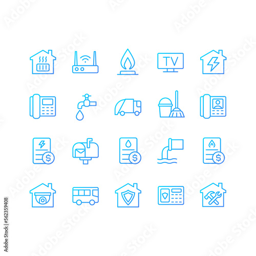 Public utilities pixel perfect gradient linear vector icons set. Water, gas and electricity supply. House heating. Thin line contour symbol designs bundle. Isolated outline illustrations collection
