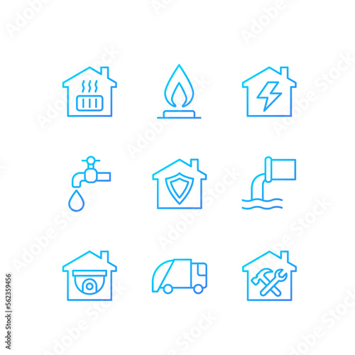 Infrastructures pixel perfect gradient linear vector icons set. Water, gas and electricity supply. Waste collection. Thin line contour symbol designs bundle. Isolated outline illustrations collection