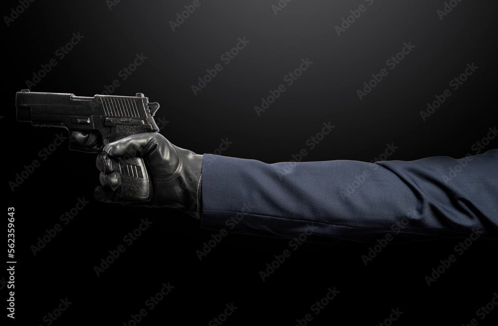 Hand Holding Gun isolated on black background, Hand Holding Gun on