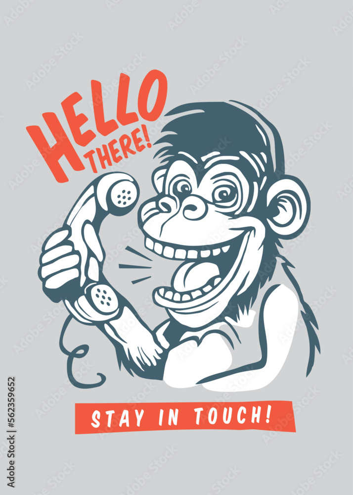 Monkey with old telephone handset speaking t-shirt graphic design. Funny shirt or clothing print template with comic style drawing of monkey with phone. Vector artwork.