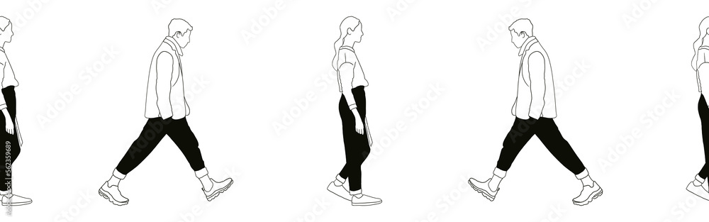 Border with woman and man. Black hand drawn illustration isolated on white background. Design doodle line art element. Border with woman and man. Black hand drawn illustration isolated on white background. Design doodle line art element.