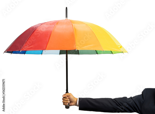 Hand Holding rainbow color umbrella isolated on white background  Hand Holding an umbrella White Background With clipping path.