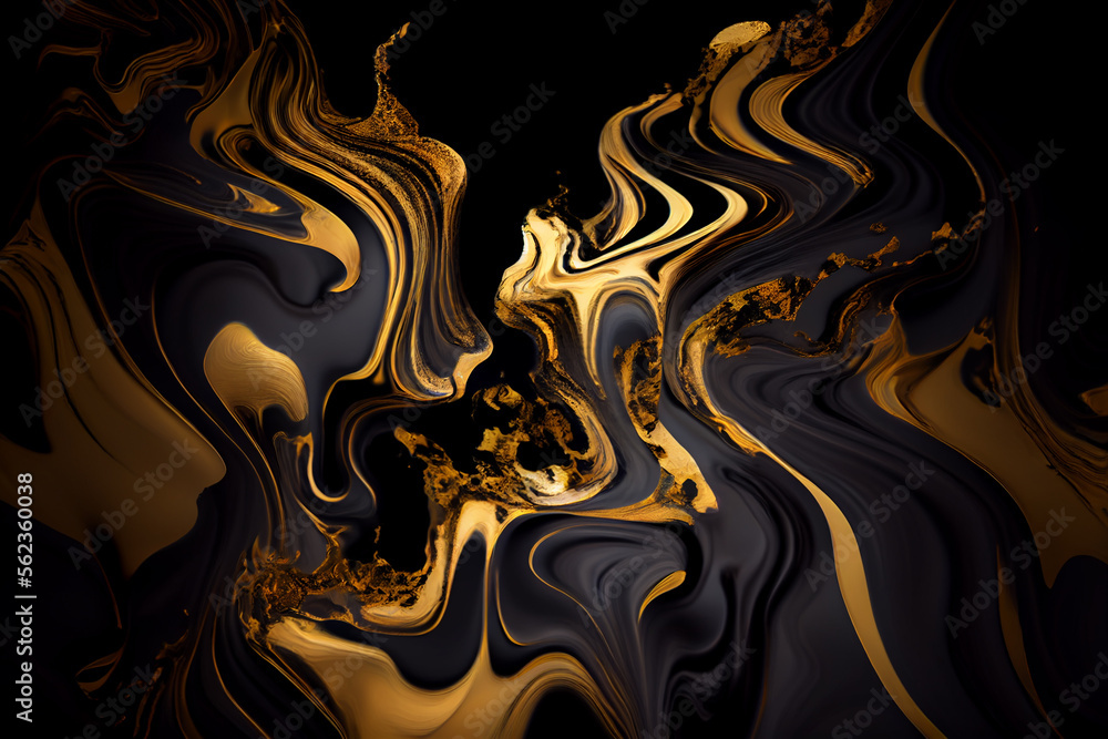 Liquid abstract black and gold marble texture painting, alcohol ink ...