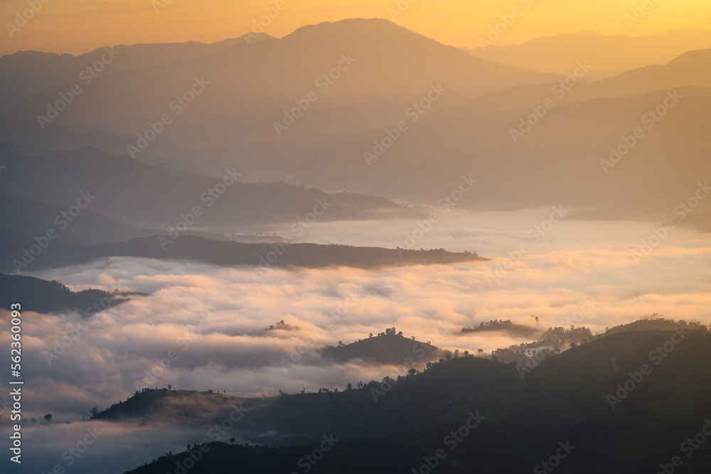 Obraz premium The sunrise over the mountain with sea of fog in the western of Thailand
