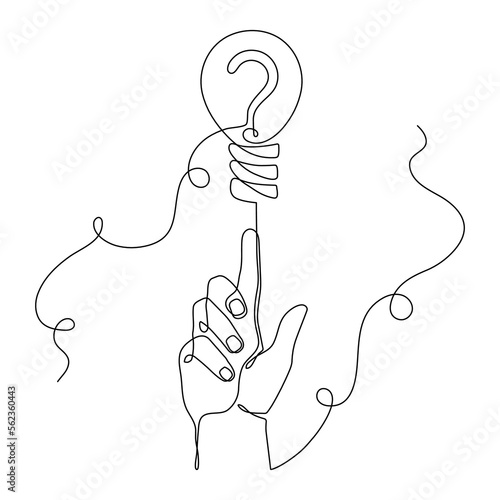 Hand holds light bulb with question mark one line art, hand drawn asking continuous contour. Minimalistic art drawing,sign of scientific discovery. Editable stroke. Isolated. Vector illustration