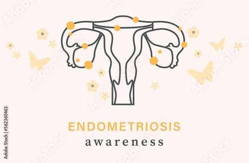 Endometriosis awareness background. Uterus with yellow flower and butterfly