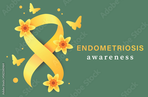 Endometriosis awareness background. Yellow ribbbon with yellow flower and butterfly