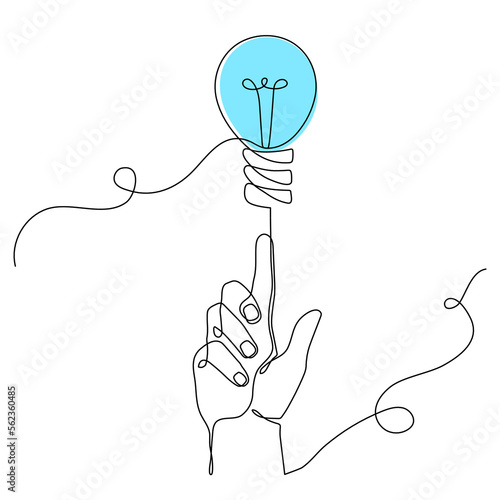 Hand holds light bulb one line art, hand-drawn electric devices backdrop,power outage concept.Electric lighting and illumination background.Decoration for blackout in Ukraine.Editable stroke.Isolated.