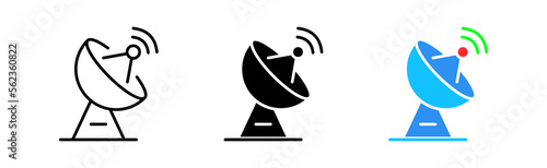Satellite dish icons set. News, broadcast, satellite, communication, network, technology, synchronization, wireless, waves, signal. Media concept. Vector line icon in different styles photo