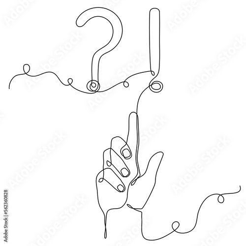 Hand holds question and exclamation mark one line art,hand drawn asking and admiration signs,continuous contour.Minimalistic art drawing, Query FAQ concept,finding the answer.Editable stroke.Isolated.