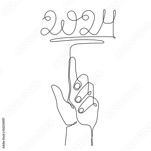 Hand holds 2024 one line art, hand drawn continuous contour. Holiday concept, festive New year handwriting text, minimalist design. Editable stroke. Isolated. Vector illustration