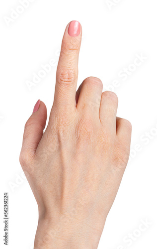 Female hand index finger pointing up isolated on transparent