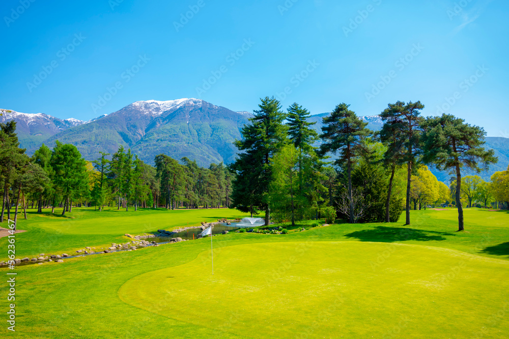 Golf Course with Snowcapped Mountain in Ascona, Ticino, Switzerland