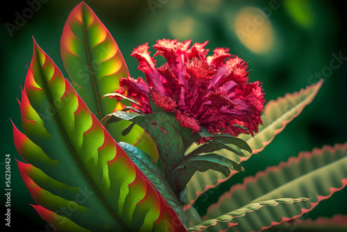 Beautiful cockscomb flower interspersed with leaves. Generative AI. The most lovely cockscomb wallpaper. The cockscomb flower is a symbol of noble sacrifice. photo