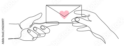 Hands with letter in envelope and heart,one line art,continuous contour drawing,hand-drawn gesture, symbol of romantic love. Decoration for St. Valentine's Day,palm and wrist. Editable stroke.Isolated