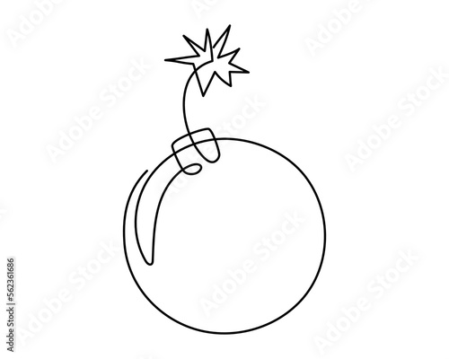 Bomb one line art, hand drawn military supply,ammunition continuous contour. Dangerous explosive device. Editable stroke. Isolated. Vector illustration