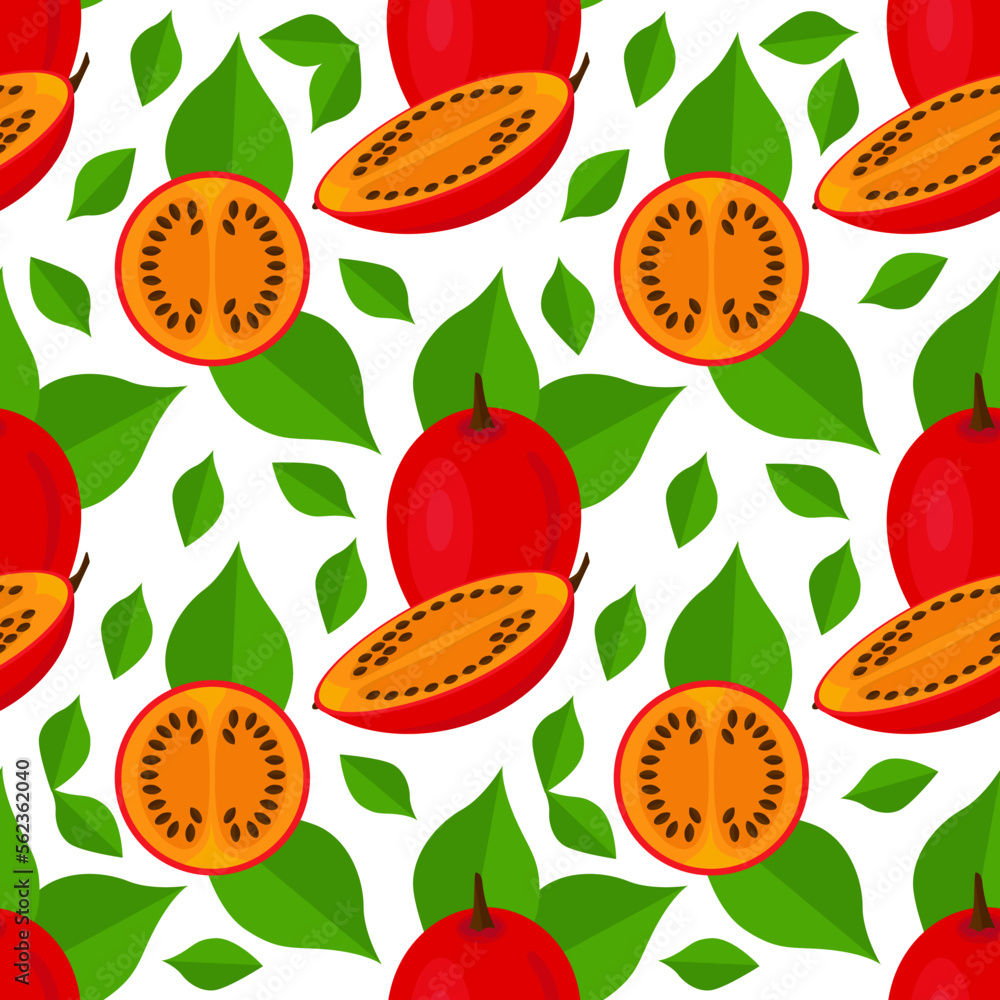 Fototapeta premium Tamarillo. Exotic fruit. Tomato tree. Vector in the flat style. Seamless background