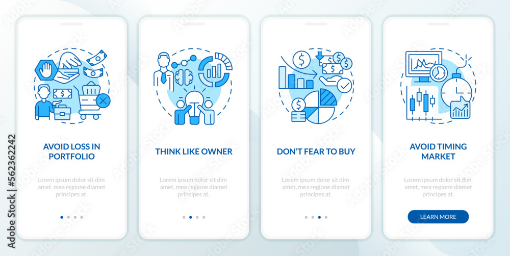 Successful investment rules blue onboarding mobile app screen. Walkthrough 4 steps editable graphic instructions with linear concepts. UI, UX, GUI template. Myriad Pro-Bold, Regular fonts used