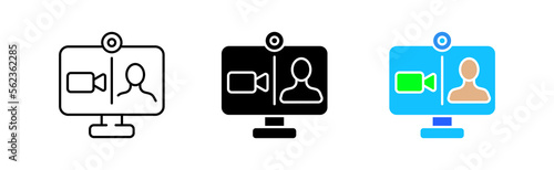 Videoconferencing icons set. Internet, business, computer, technology, camera, broadcast, office, remotely, employee, technology, facetime. Communication concept. Vector line icon in different styles