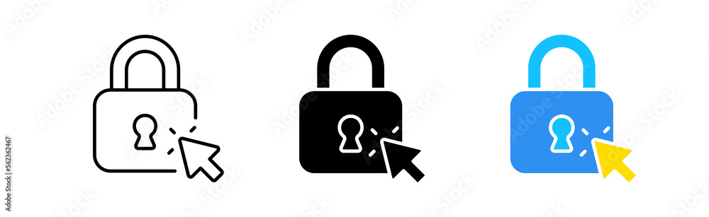Unlock icons set. Cursor, lock, click, password, access, privacy, code, closed, technology, authentication, account, user. Security concept. Vector line icon in different styles