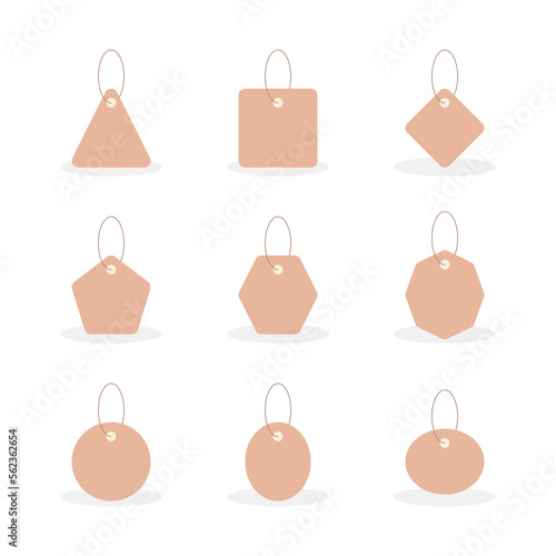 Brown cardboard paper price tags of various shapes. Shopping label hanging on thread, trendy design vector illustration