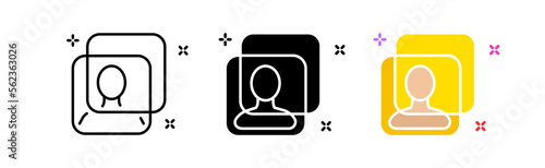 Photo icon set. Social networks, avatar, profile photo, camera, photo processing, effects, settings, document, career, digital. Technology concept. Vector line icon in different styles