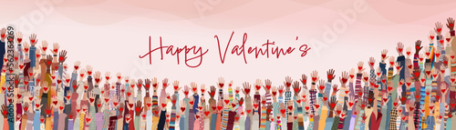 Group of raised hands of many people of different culture holding red heart. Valentine s Day party concept. Copy space banners. Poster template pink background
