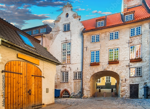 Medieval street and buildings in old  European town of Baltic region