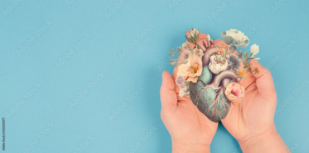 Hands holding human heart with flowers, love and emotion concept,  good hearted person, help and charity, generative AI used for heart - obrazy, fototapety, plakaty 