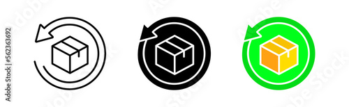 Parcel return icons set. Box, arrow, return, refuse, cancel, world, goods, services, transportation, sending, reliability, service, box. trucking concept. vector line icon in different styles