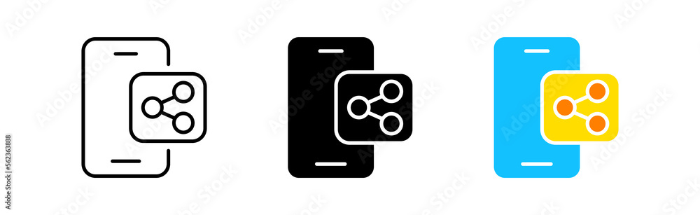 Share button icon set. Smartphone, controls, theme. data, information, network, internet, chat, sms, messenger. Technology concept. Vector line icon in different styles Share button icon set. Smartphone, controls, theme. data, information, network, internet, chat, sms, messenger. Technology concept. Vector line icon in different styles