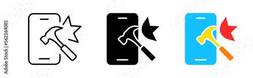 Breakage icons set. Smartphone, hammer, smash, service, wrench, repair, professional, OS, error, help, support service, app, tool. technology concept. vector line icon in different styles
