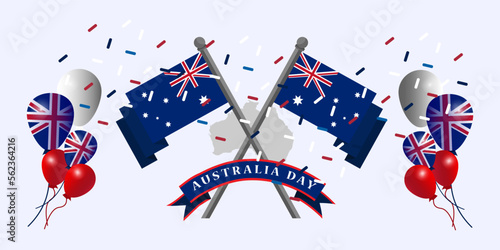 Australia day January 26th flying flag illustration with flag pole background design, Suitable for banner, website and app
