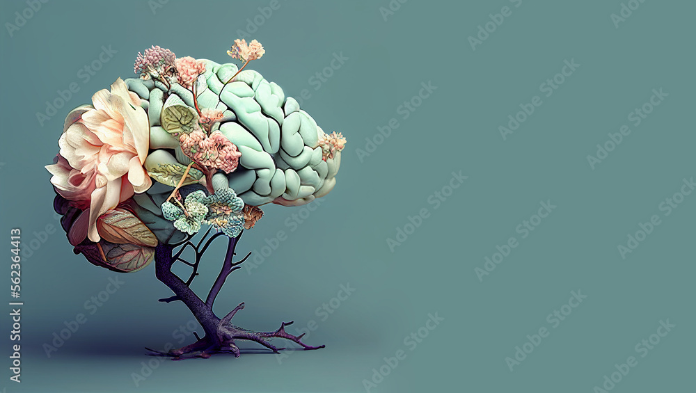 Human brain tree with flowers, self care and mental health concept, positive thinking, creative mind, generative AI  - obrazy, fototapety, plakaty 