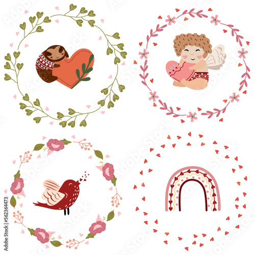 Beautiful compositions with flower wreaths and a cute cupid  a sloth in love  a rainbow. Bright illustrations for greeting cards  posters  banners. Vector.