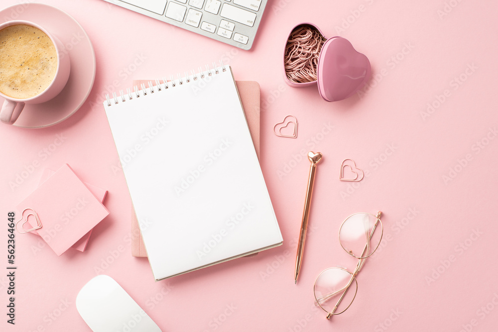 8-march concept. Top view photo of stationery planners stylish pen glasses heart shaped clips sticky note paper keyboard and mug of frothy coffee on isolated pastel pink background with blank space 8-march concept. Top view photo of stationery planners stylish pen glasses heart shaped clips sticky note paper keyboard and mug of frothy coffee on isolated pastel pink background with blank space