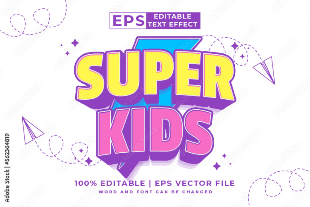 Editable text effect - Super Kids 3d Cartoon template style premium vector