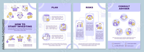 How to start investing purple brochure template. Leaflet design with linear icons. Editable 4 vector layouts for presentation, annual reports. Arial-Black, Myriad Pro-Regular fonts used