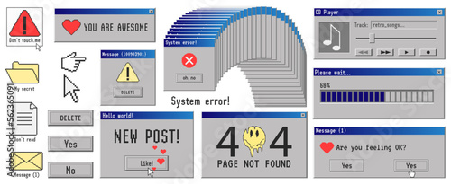  Old computer aestethic. Retro pc elements, user interface. Nostalgia for 1990s -2000s. Vector illustrations.	