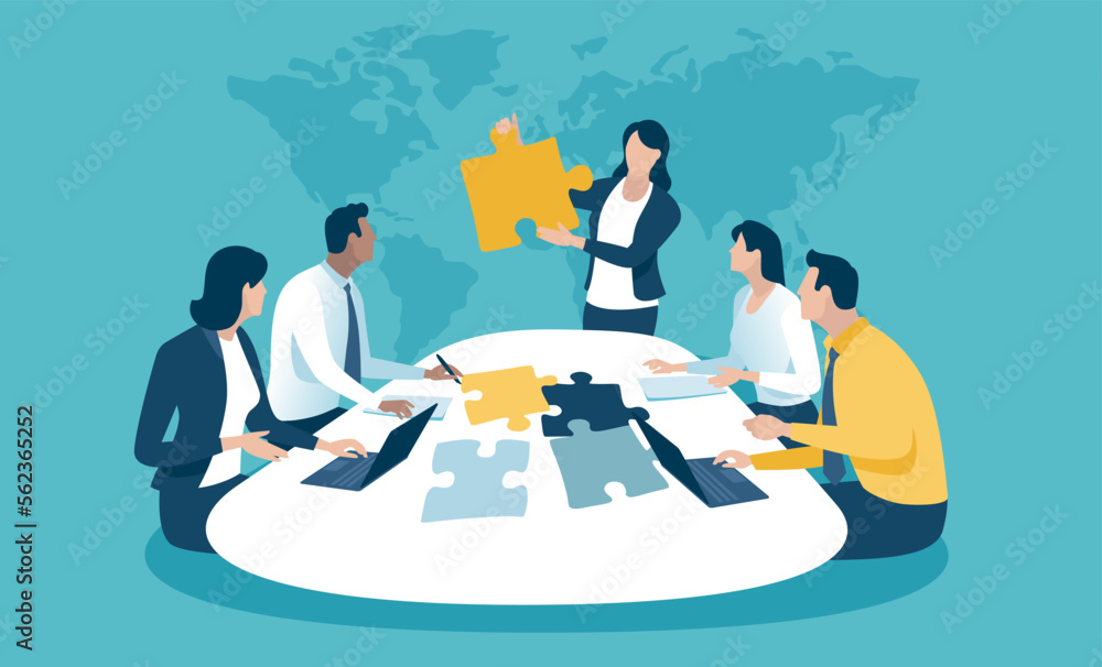 The solution, final piece. The female leader holds a final piece of puzzle. Solution of the