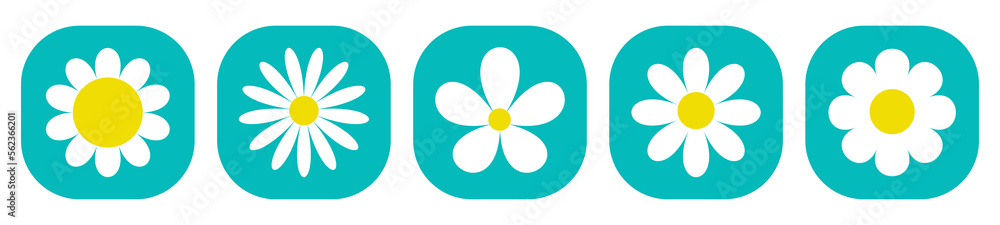 White camomile icon. Daisy chamomile set. Cute flower plant. Love card. Cartoon kawaii funny collection. Growing concept. Square shape frame. Flat design. Green background. White camomile icon. Daisy chamomile set. Cute flower plant. Love card. Cartoon kawaii funny collection. Growing concept. Square shape frame. Flat design. Green background.