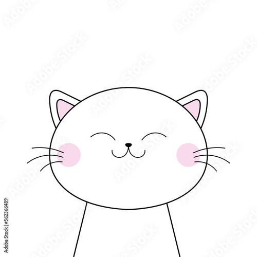 Cat head face line contour silhouette icon. White black kitten pet. Cute cartoon funny character. Funny kawaii smiling doodle animal. Pink cheeks. Flat design Baby background